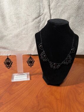 Mixit Black Beaded Floral Necklace with Matching Earrings